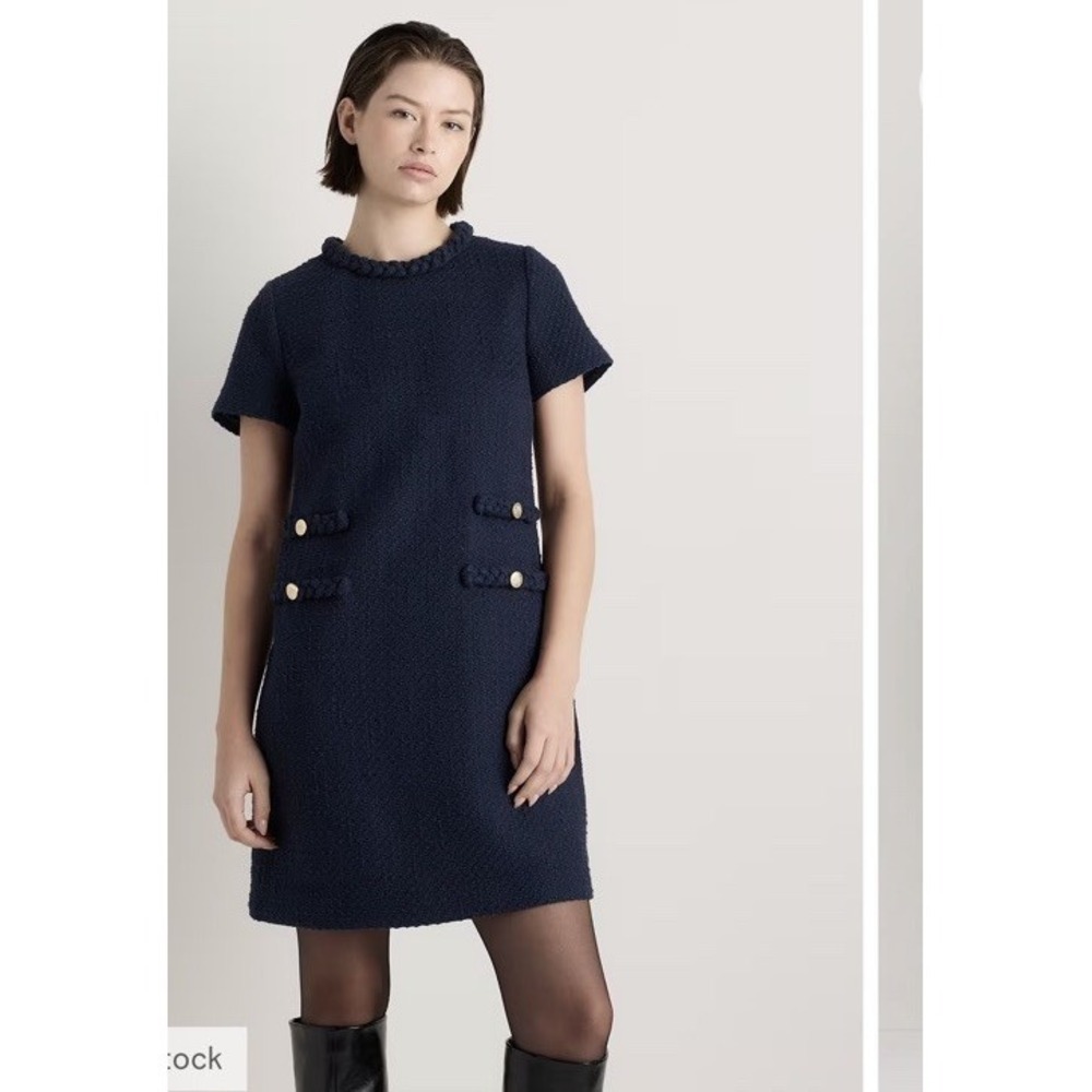 Quince Tweed Mini Dress Navy Good Button Detail Short Sleeve Shift Dress Preppy